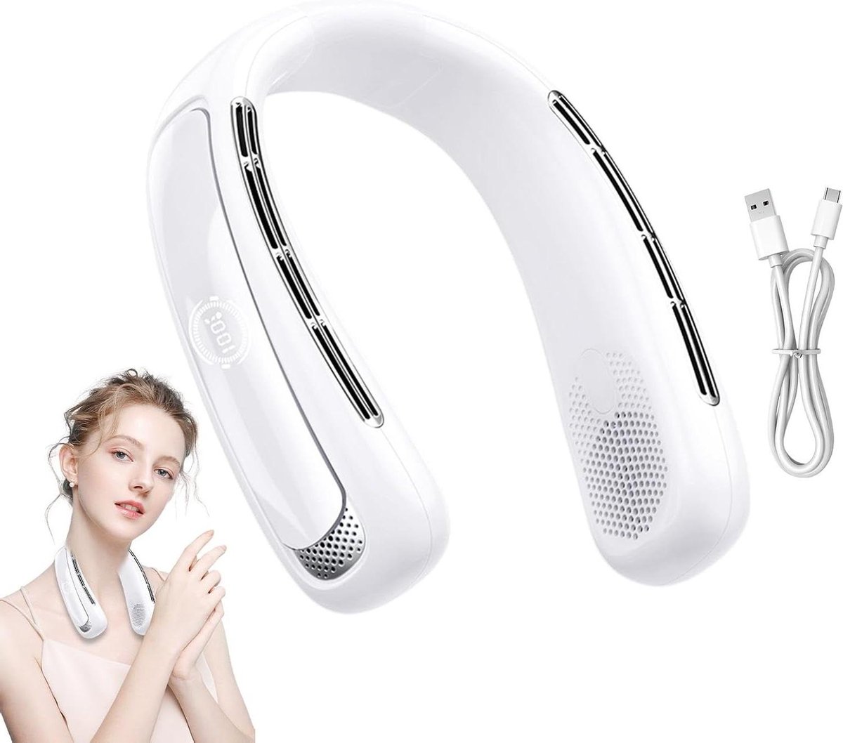 Nekventilator - Draagbare koeler - Persoonlijke verkoeling - Dubbele halfgeleider - 226 cm - Wit