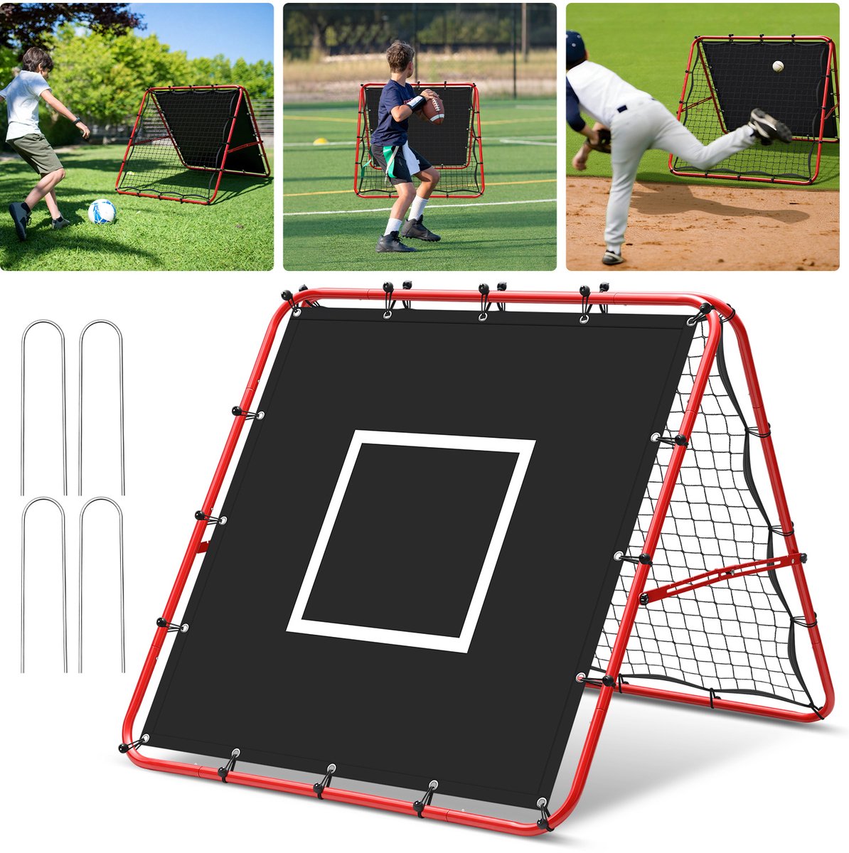 Set van 2 dubbelzijdige voetbal reboundnetten 120 x 120 cm met 420D doelzeil, verstelbare hoek, inklapbaar trainingsnet voor tuin en voetbalveld