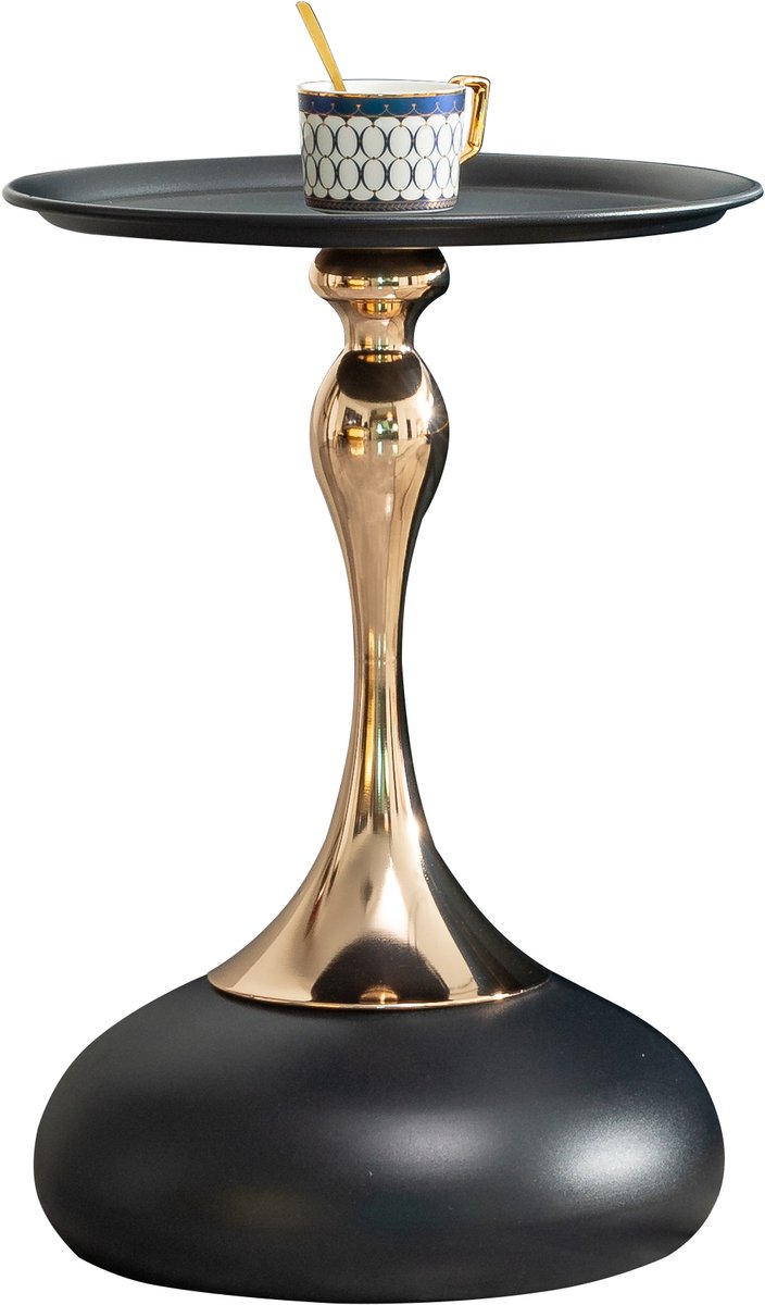 Rond Bijzettafeltje 38 cm - Zwart+Gouden Metalen Basis - Multifunctioneel voor Slaapkamer/Woonkamer