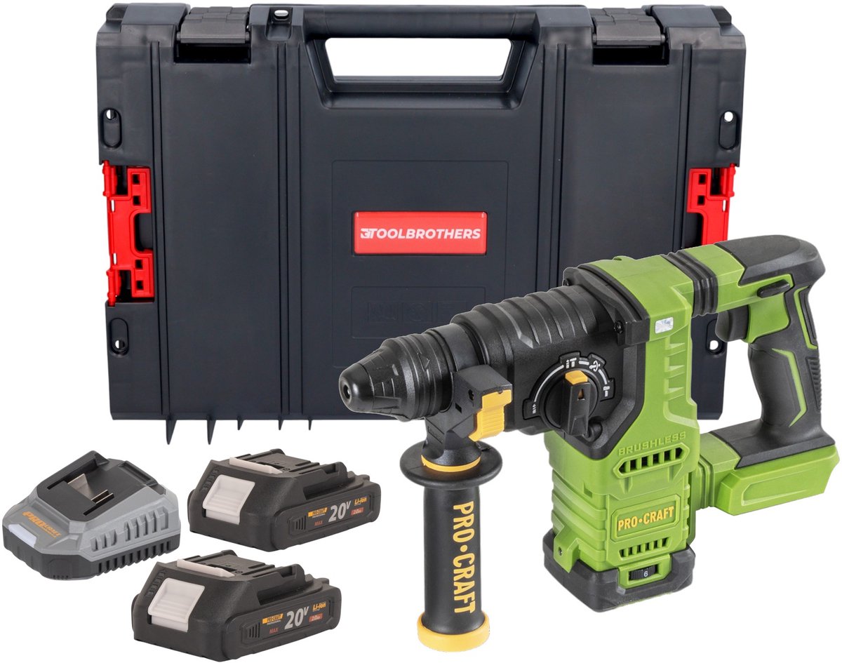 Procraft PHA30bb accuboormachine 20 V 2,8 J SDS plus Brushless + 2x accu 2,0 Ah + oplader + RHINO gereedschapskoffer