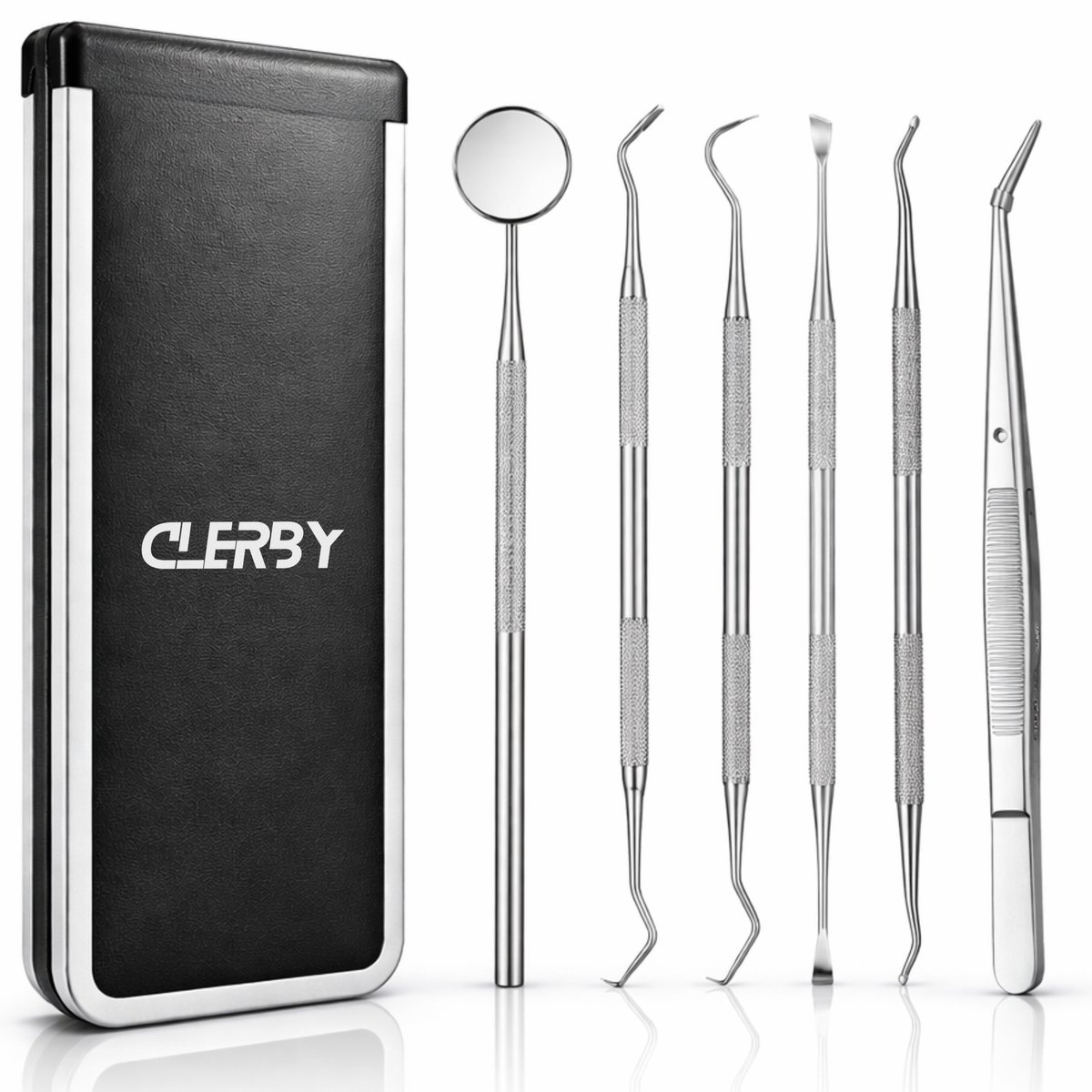 Clerby - 7 delige RVS Tandarts Set - Inclusief Haakje, Spiegel en Tandenstoker - Tandenstokers - Tandplak - Gebit Verzorging