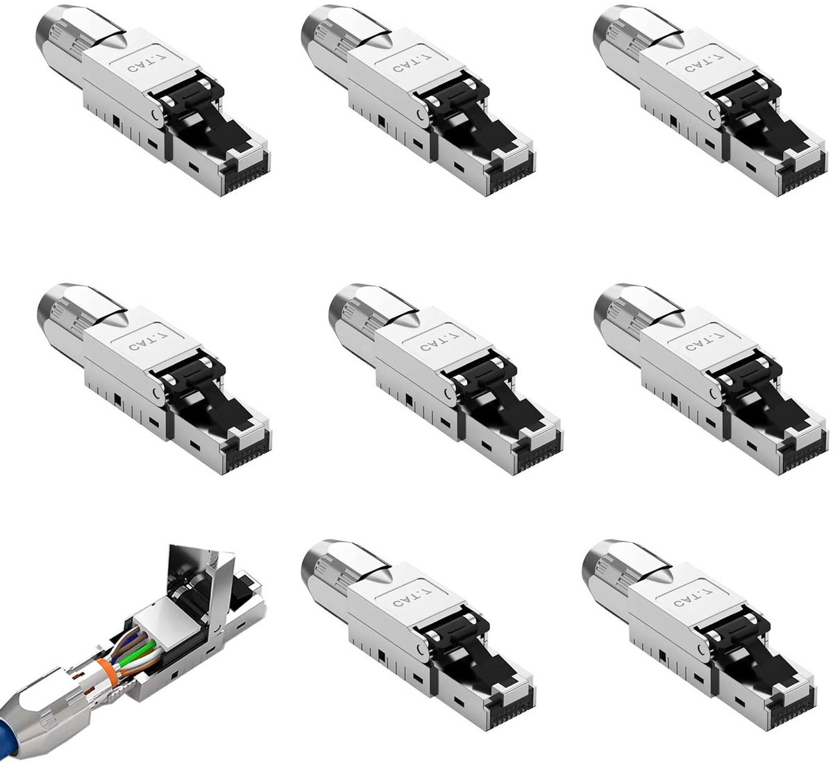 CAT 7 RJ45 Plug voor Rigid LAN Kabel, Ethernet Installatie, Toolless LSA, 10 Gbit/s, Volledig Afgeschermd, 8 Stuks