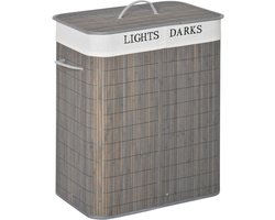 Wasmand 100L - Dubbele Wasmand - Wassorteerder - Bamboe Wasmand - Opvouwbaar - Deksel Met Handvat - Uitneembare Zak - 2 Vakken - Badkamer - 100 Liter - Grijs