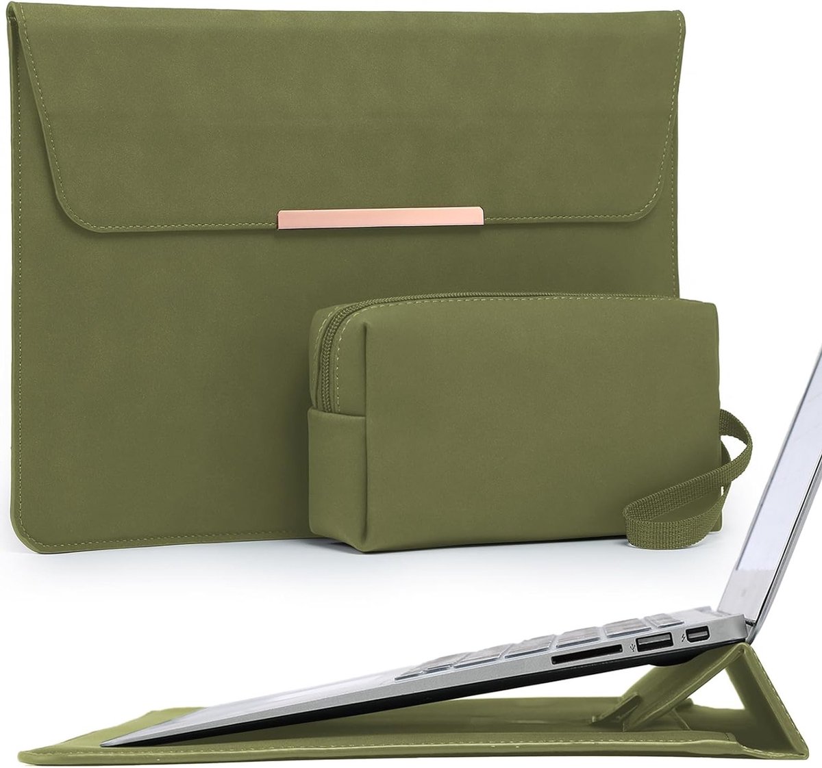 Laptop Sleeve Bag 13.3-14 Inch met Stand voor MacBook Pro, Air, Surface en HP Spectre - Olijfgroen (Smiley)