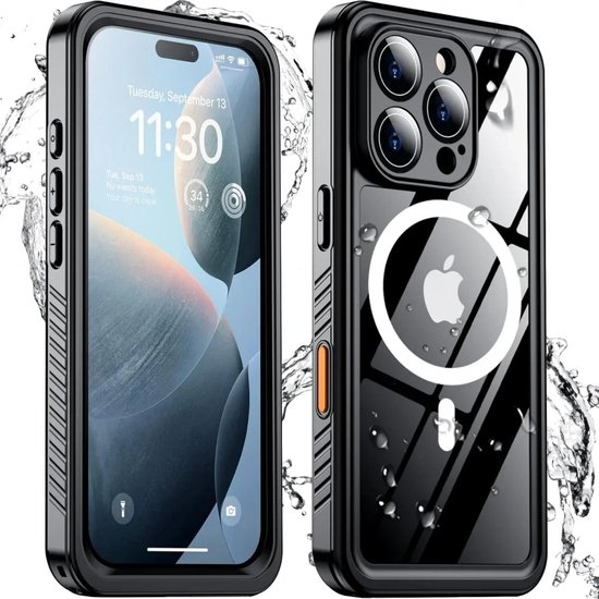 SBG Outdoor Case Waterdicht Hoesje geschikt voor Apple iPhone 16 Pro | Compatibel met MagSafe / Qi2 | Onderwater tot twee meter | Antislip greep | IP68-gecertificeerd | Transparant/Zwart
