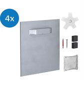Zilverkleurige aluminium ophangplaat met bevestigingsbeugels, schroeven, pluggen en afstandhouders.