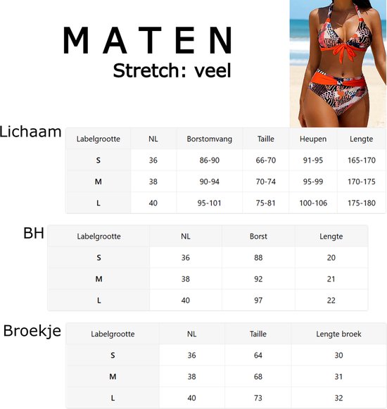 Maattabel voor een bikini met afmetingen voor lichaam, bh en broekje.