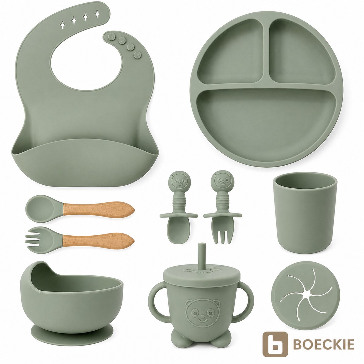 BOECKIE Siliconen Kinderservies 9-delig - Babyservies met Zuignap Groen Green