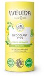 Gele deodorantstick met citrus en bergamot, met 'NEW' en '24h PROTECTION' logo. Afbeeldingen van citroenen en bergamot.