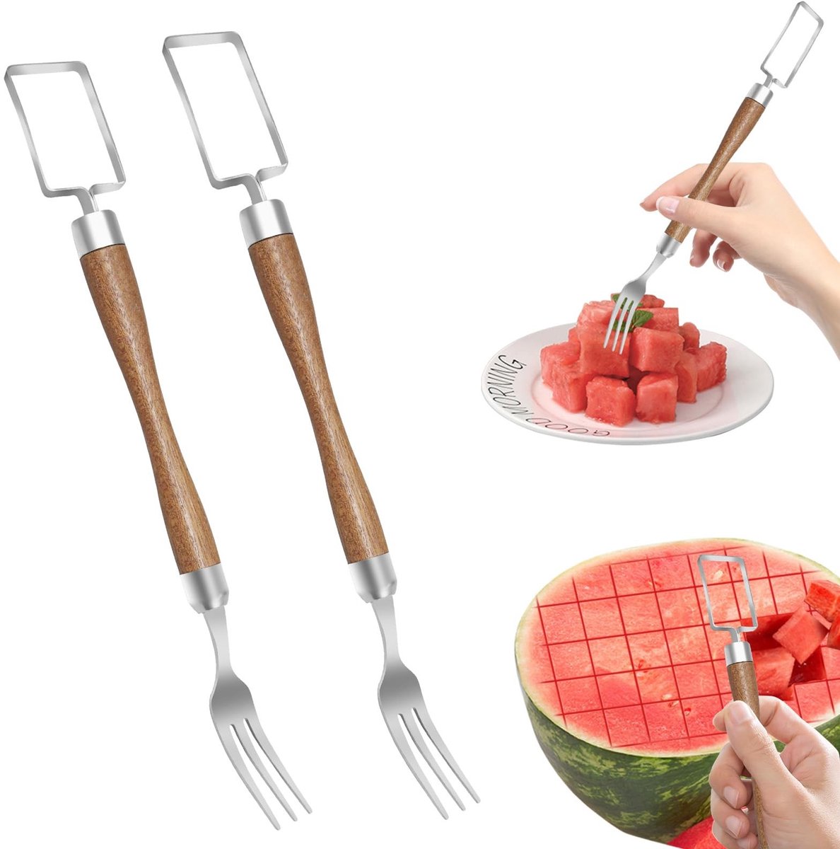 Allecto - RVS Fruit Cutter - Watermeloen Snijmes - Houten Handvat - Multifunctioneel Snijgereedschap - Keukenaccessoire - Fruit Snijden - Geschikt ...