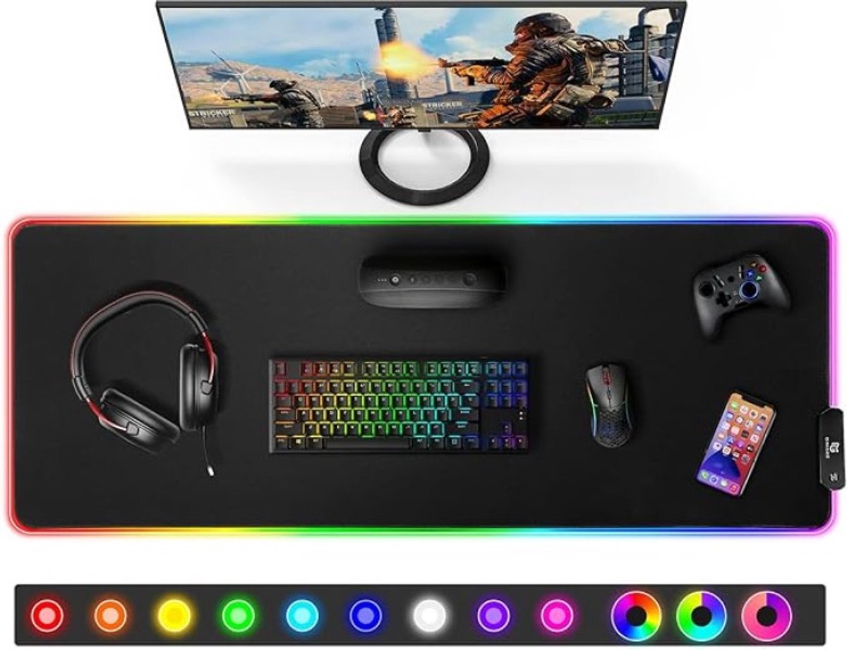 RGB Gaming Muismat XXL 800x300mm met 12 LED Modi