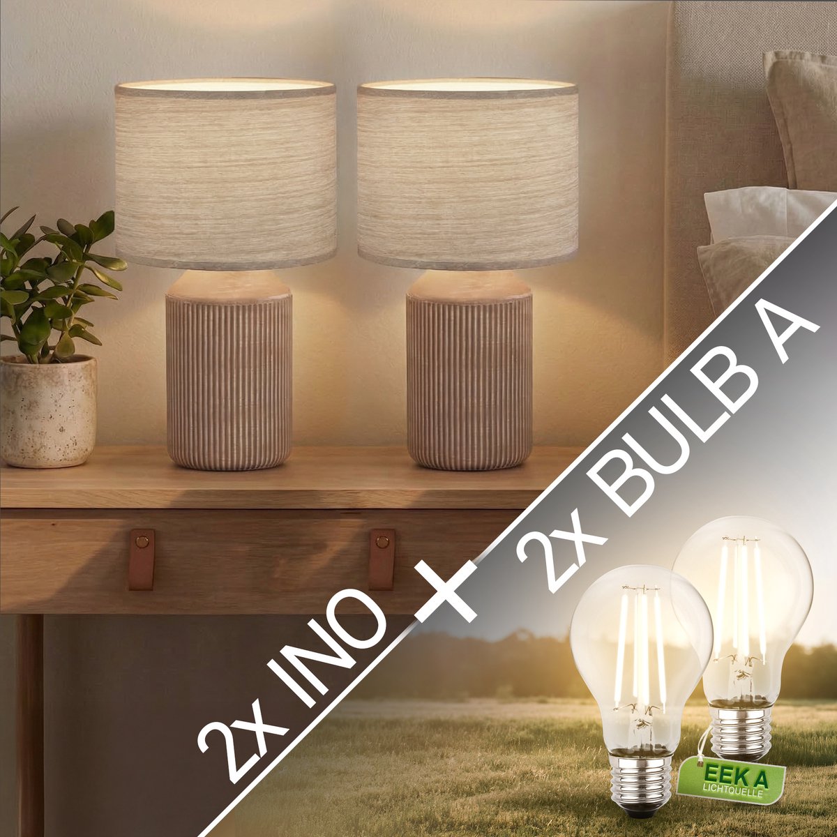 BRILONER Ino- Set van 2 Tafellampen incl. led lampen - met stoffen kap & keramik voet - bedlamp slaapkamer - h: 37.5 cm - bruin