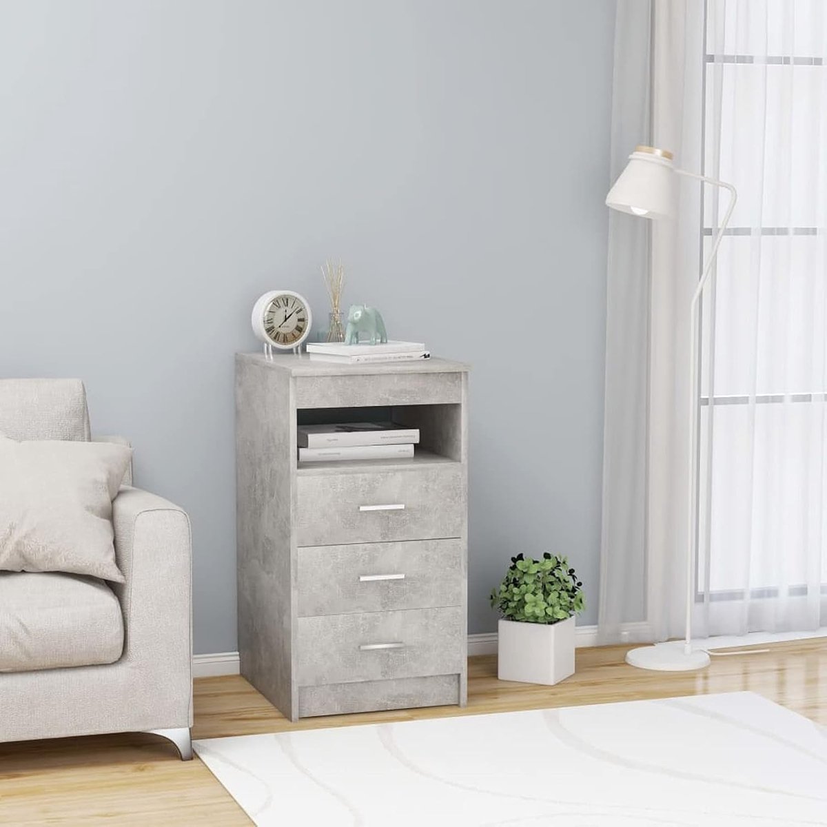 Compact Design Dressoir met 3 Laden en Open Opbergvak - Betongrijs - 50x40x76 cm