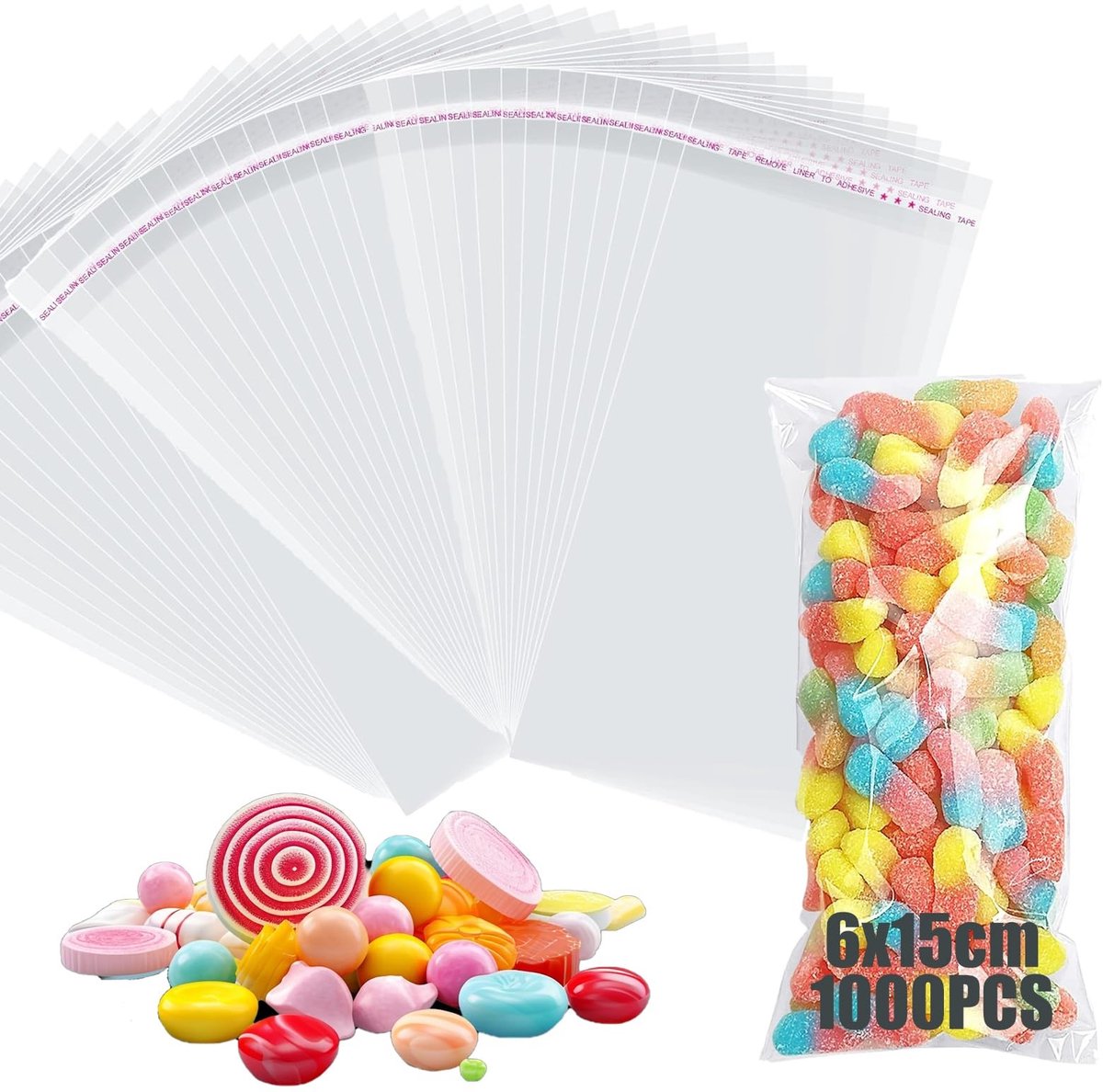 Seb3 - Cellophane Bags - Zelfklevende Plastic Tassen - Groot 6 x 15 cm - Transparant - Verpakking van 1000 - Geschikt voor Kerst en Sweets
