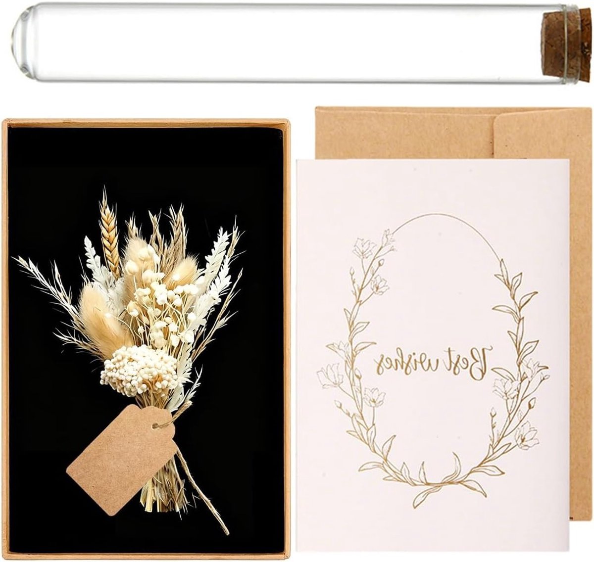 Elegante geschenkdoos met mini-boeket, wenskaart en reageerbuisjes voor bruiloft, doop en communie décoratie