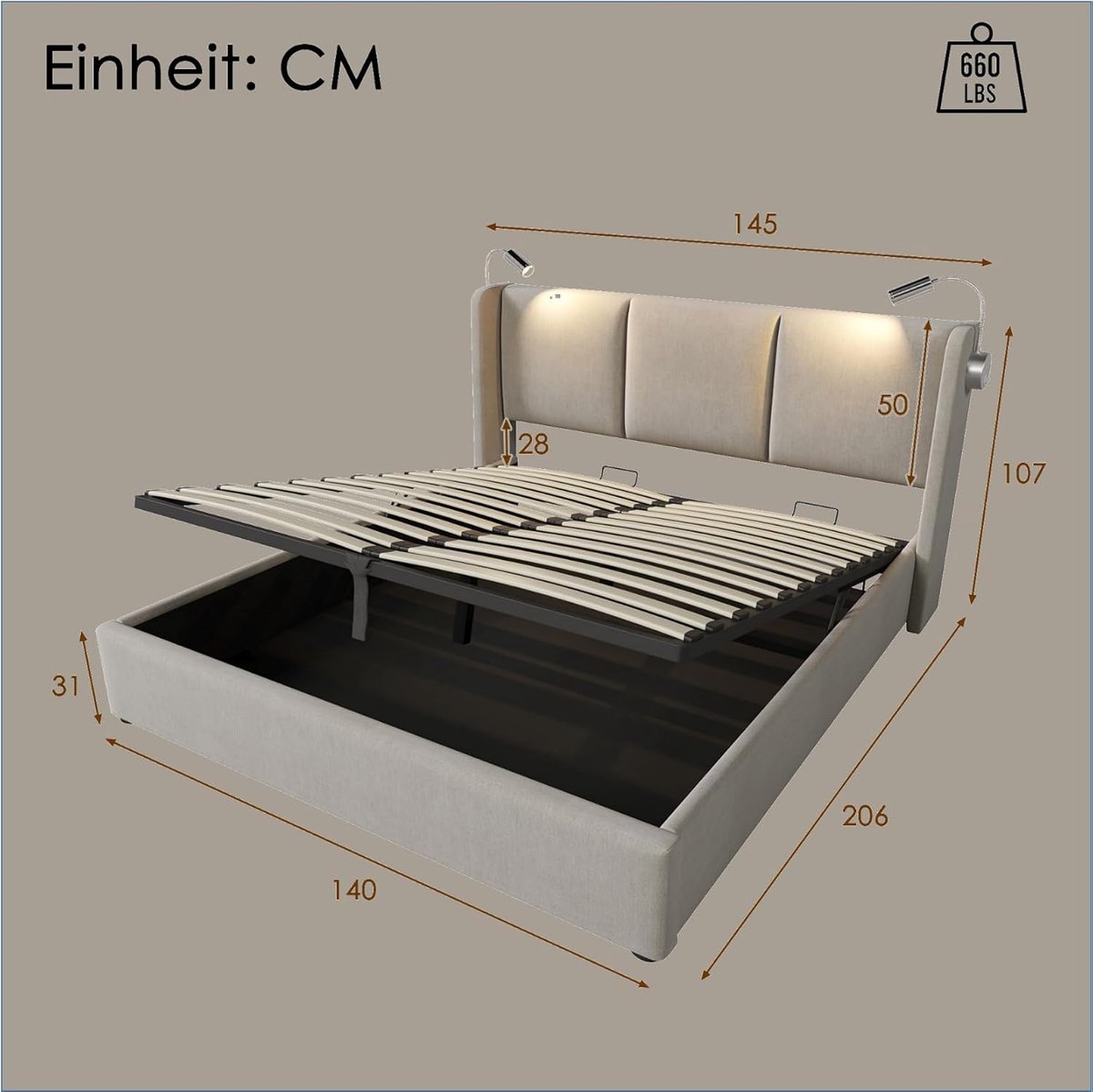 Gestoffeerd bed 140x200 cm met opbergruimte en lattenbodem – Tweepersoons opbergbed met hydraulische lift, linnen-look PU leer, modern design 206x145x107 cm beige – Laura