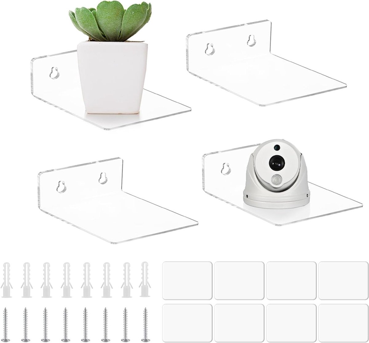 Transparante Zwevende Wandplanken Set van 10 cm - Zelfklevende Display voor Planten, Vierkant Ontwerp met 8 Schroeven en Stickers, Geen Boren Nodig, Ideaal voor Thuisdecoratie en Ruimtebesparing