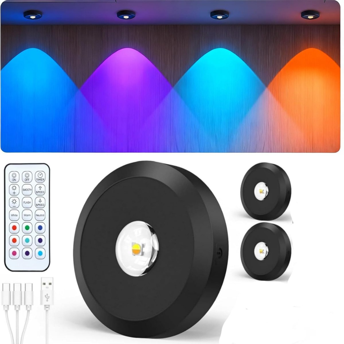 carmdering - Kastverlichting Draadloos 3 stuks - RGB LED Vitrineverlichting met Afstandsbediening - USB Oplaadbare Plaklampen - Dimbaar & Timer - Magnetische Spotjes voor Keuken, Kledingkast & Vitrine - zwart