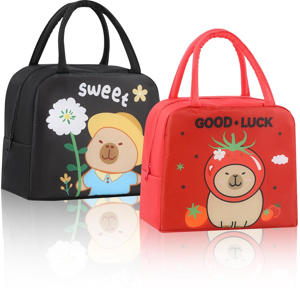 NTHProducts - Capibara Lunch Bag - Schattige Lunchtas - Geschikt voor kinderen en volwassenen - Rood en Zwart - Ideaal voor school en picknick - Set van 2