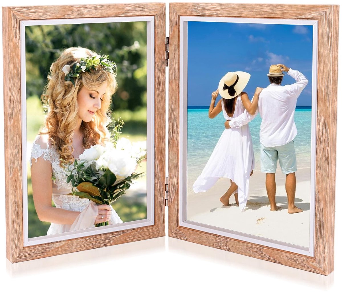 NTHProducts - Dubbel 10x15 Fotolijst - Houten Staander - Vouwbaar - Houtkleur - Collage Fotolijst - Deskdecoratie - Familie Cadeau