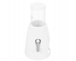 Witte, rechtopstaande drinkfles voor hamsters met transparant waterreservoir.