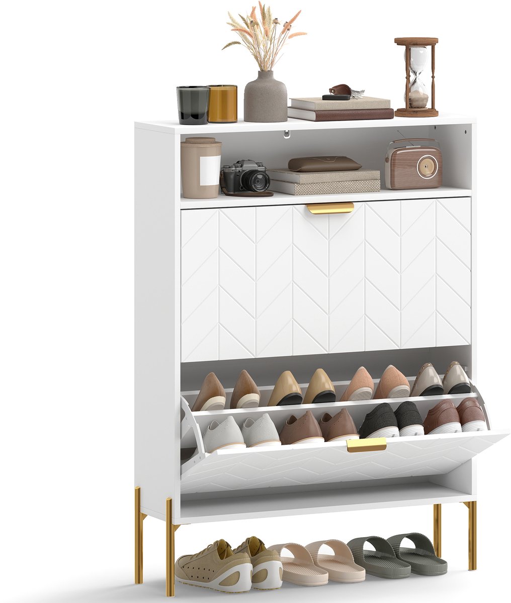 HOMCOM neerklapbare schoenenkast - Spaanplaat, MDF - 80 x 23,7 x 110 cm - Wit