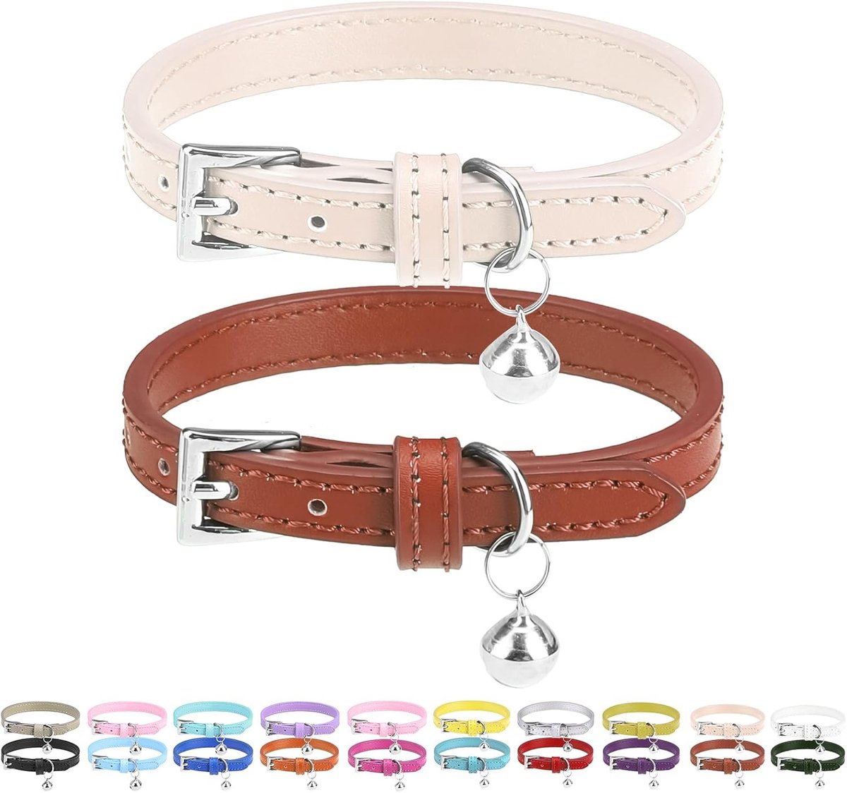 2 stuks kattenhalsband met bel van zacht leer, verstelbaar voor katten, kitten en puppy's. Ideaal als kittenhalsband of puppyhalsband, beige & bruin, 2 stuks