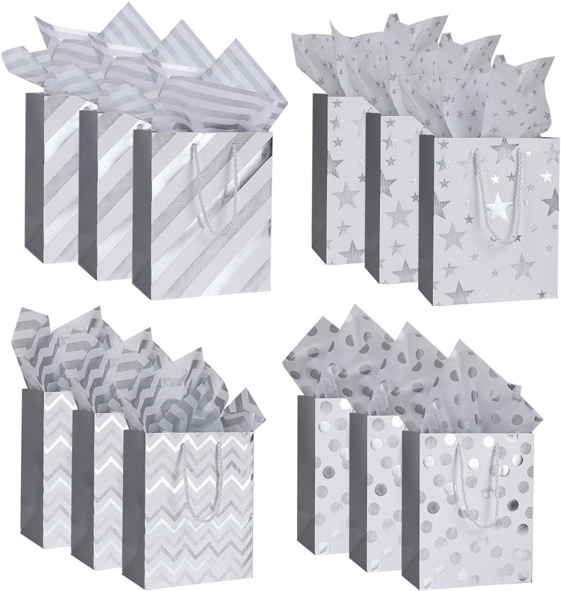 Kerst cadeauzakjes voor inpakwerk: 12 zilveren geschenkzakken, inclusief bonuspapier en labels voor verjaardagen, bruiloften en Valentijnsdag - 23 x 18 x 10 cm