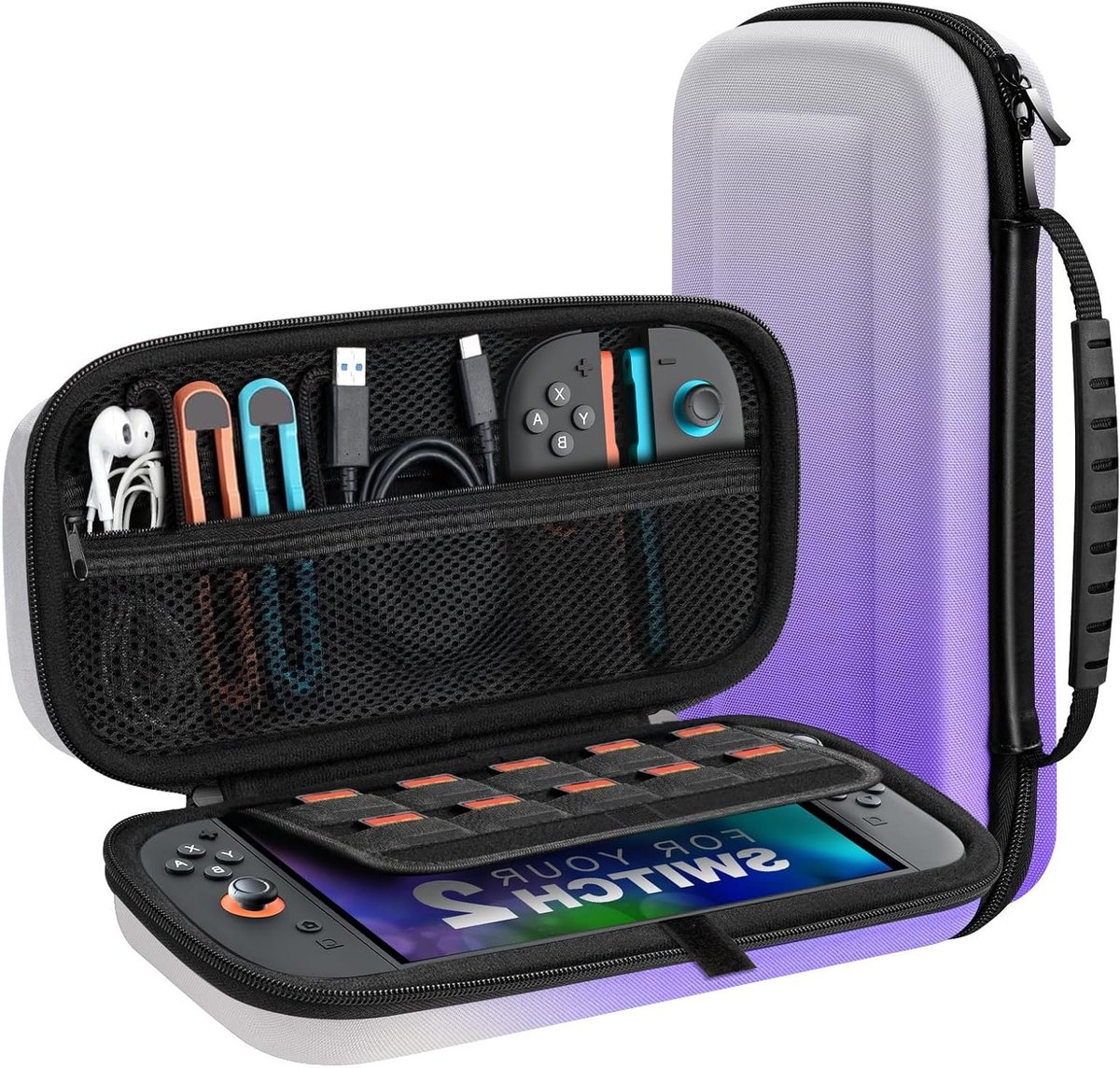 Draagbare en Beschermende Hard Shell Case voor Nintendo Switch 2 met 10 Game Card Slots en Accessoirevakjes, Grote Capaciteit in Gradient Paars