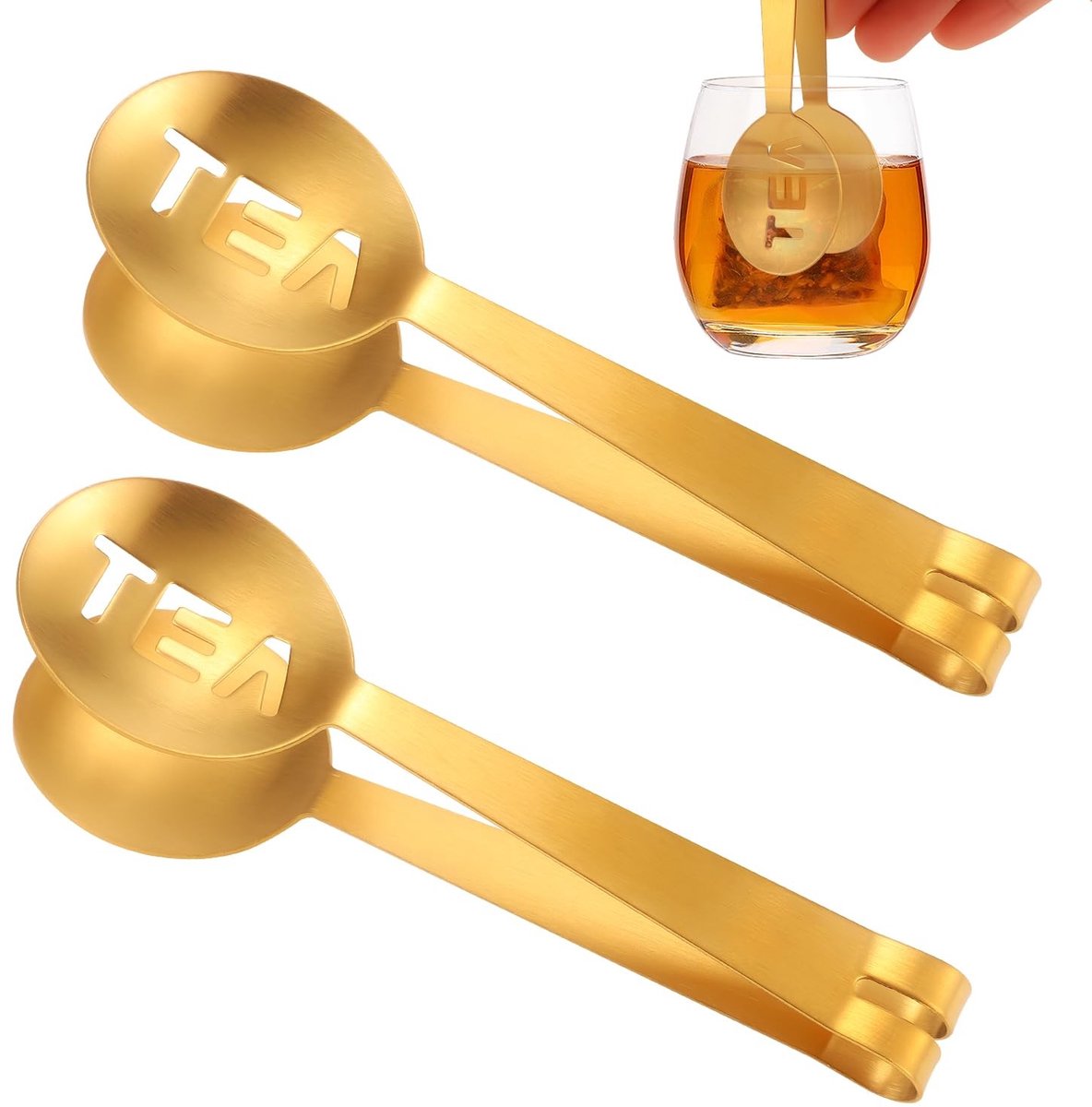 Dailygoody - Theezakjesknijper - Theelepel voor losse thee - Roestvrij staal - Gouden theezakjeshouder - Theezakjes tang - Geschikt voor theedrinkers ..