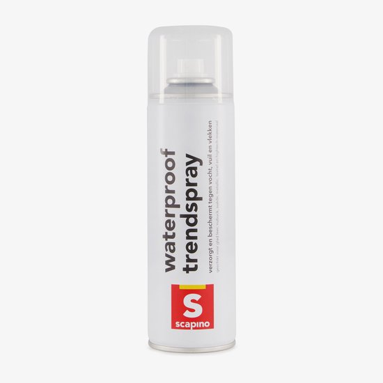 Witte spuitbus met transparante dop, met "waterproof trendspray" en "Scapino" logo.