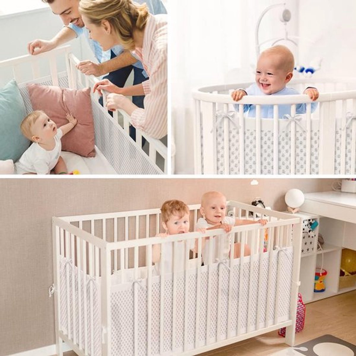 Baby Bedomrander Set - Set Van 2 - Bedbumper - Bed Zijbeschermers - Anti Stootrand - Ademende Mesh - Babyveiligheid - Hoofdbeschermer - Omrander Voor In Ledikant - 320x27cm & 150x27cm - Wit – foto 5