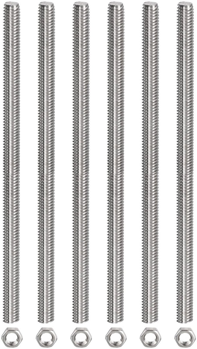 Dailygoods - Schroefdraadstang met 6 Zeskantmoeren van Roestvrij Staal M6 x 200 mm