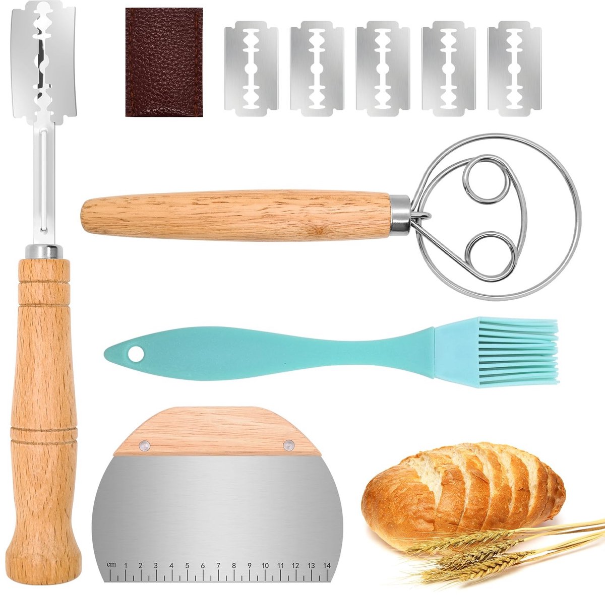 Dailygoods - Dailygoody - 4 Stuks Bakkersmes Set - Broodmes met Scheermesjes - Deegschrapers en Deense Garde - Hout - Bakaccessoires voor Brood - Geschikt v..