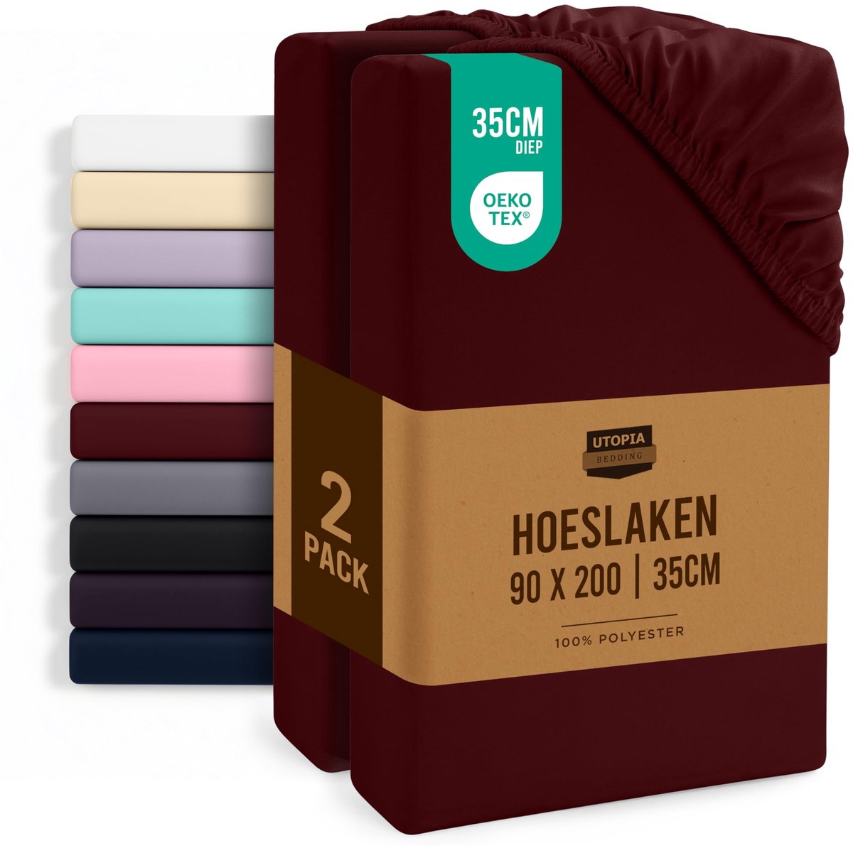 Dailygoods - Dailygoody - Hoeslaken Set van 2 - Onderhoudsvriendelijk en Zacht - Bordeauxrood - 35 cm Diep - Krimp- en Verkleuringsbestendig - Geschikt voor 90 x 2...