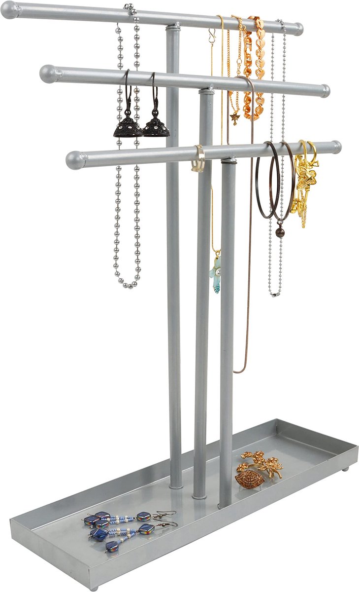 Dailygoods - Dailygoody - Zilver Metalen Sieraden Display Standaard - 3-Laags Organizer - Tafeltop Boom - Hang Houder voor Kettingen en Oorbellen - Geschikt voor D..