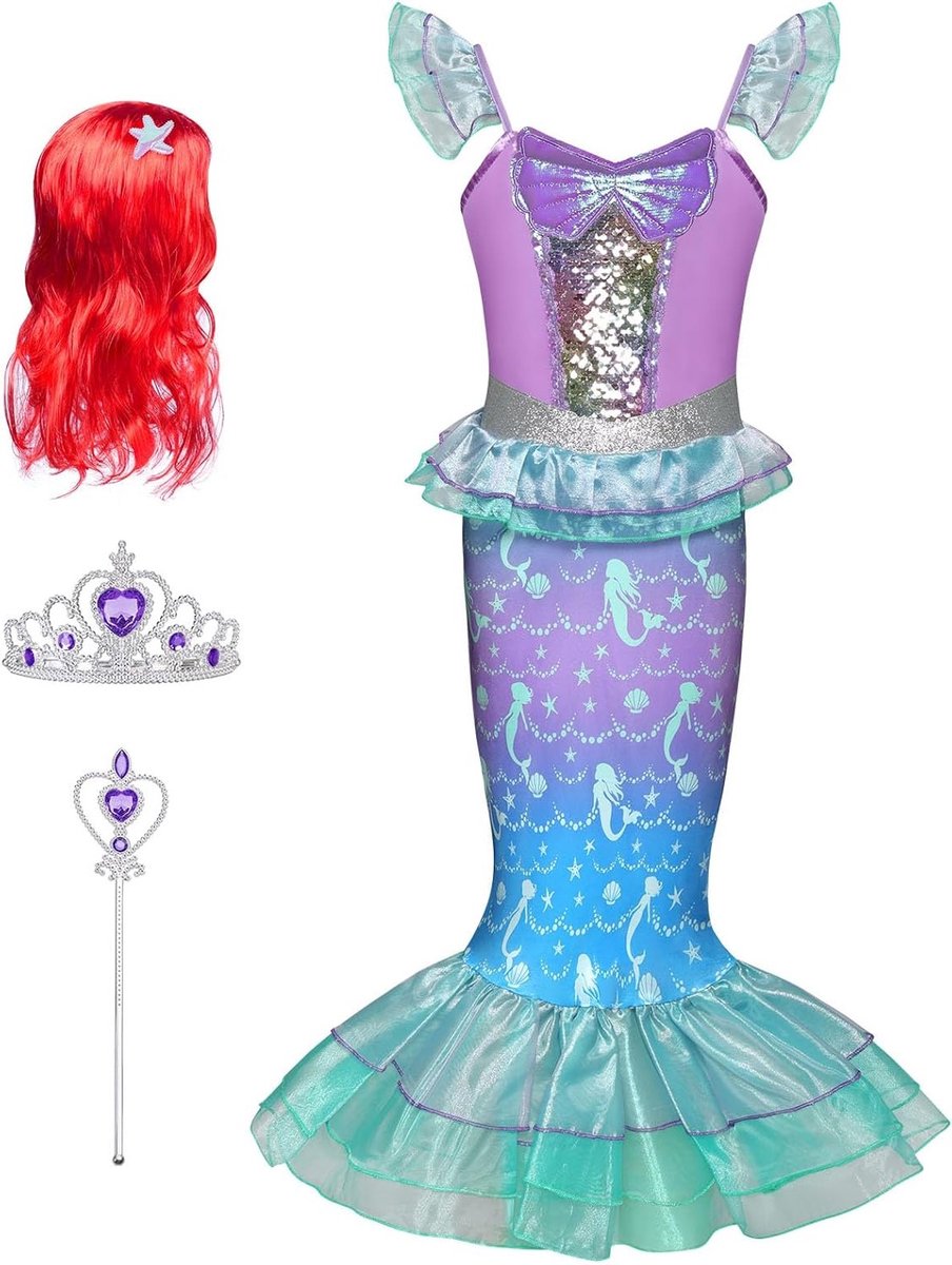 Betoverend zeemeermin kostuum voor kinderen, prinsessen jurk met pruik, kroon en toverstaf voor Halloween en carnaval