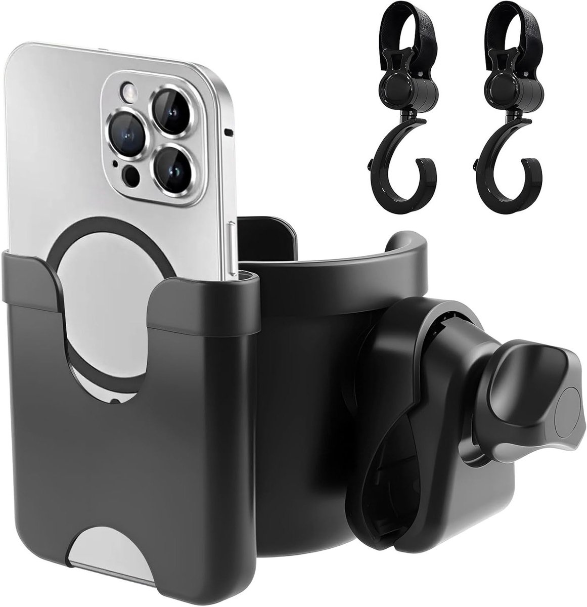 2-in-1 Koffiehouder voor Kinderwagens met Telefoonhouder en 2 Haakjes voor Pram, Rolstoel en Fiets, Zwart