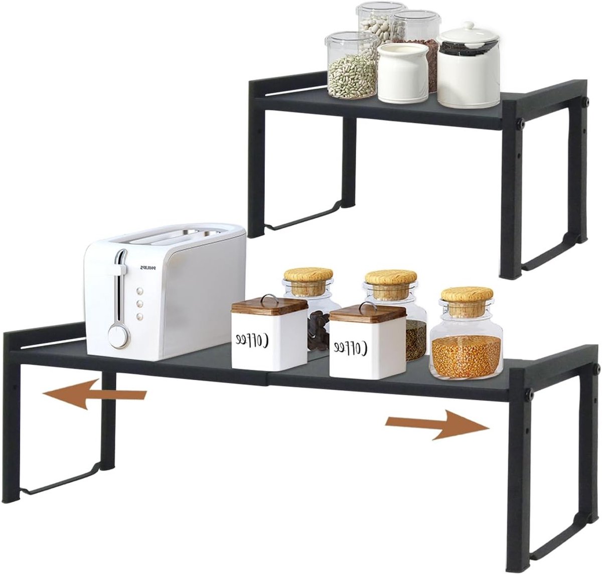 Verstelbare Keuken Rack Organiser, Stapelbare Kasten Plank voor Kruidenset, Opbergrek voor Keuken en Kantoor, 26 inch, 2 Stuks, Zwart