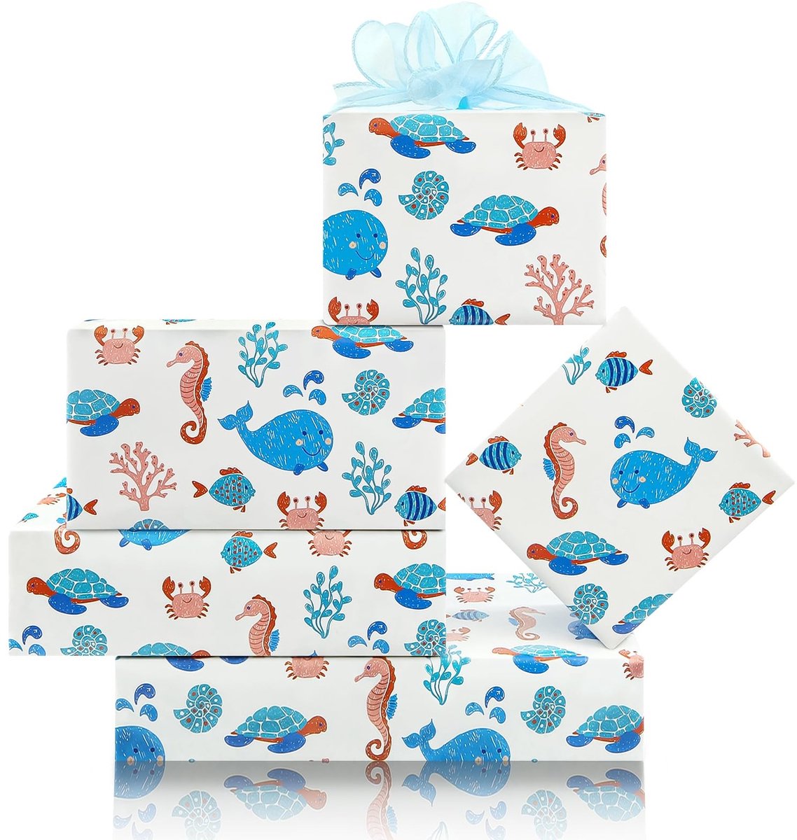 Dailygoody - Ocean Inpakpapier - Verjaardag inpakpapier - 4 vellen 50x70 cm - Geschikt voor kinderen - Zeedieren ontwerp - Perfect voor feestdagen en
