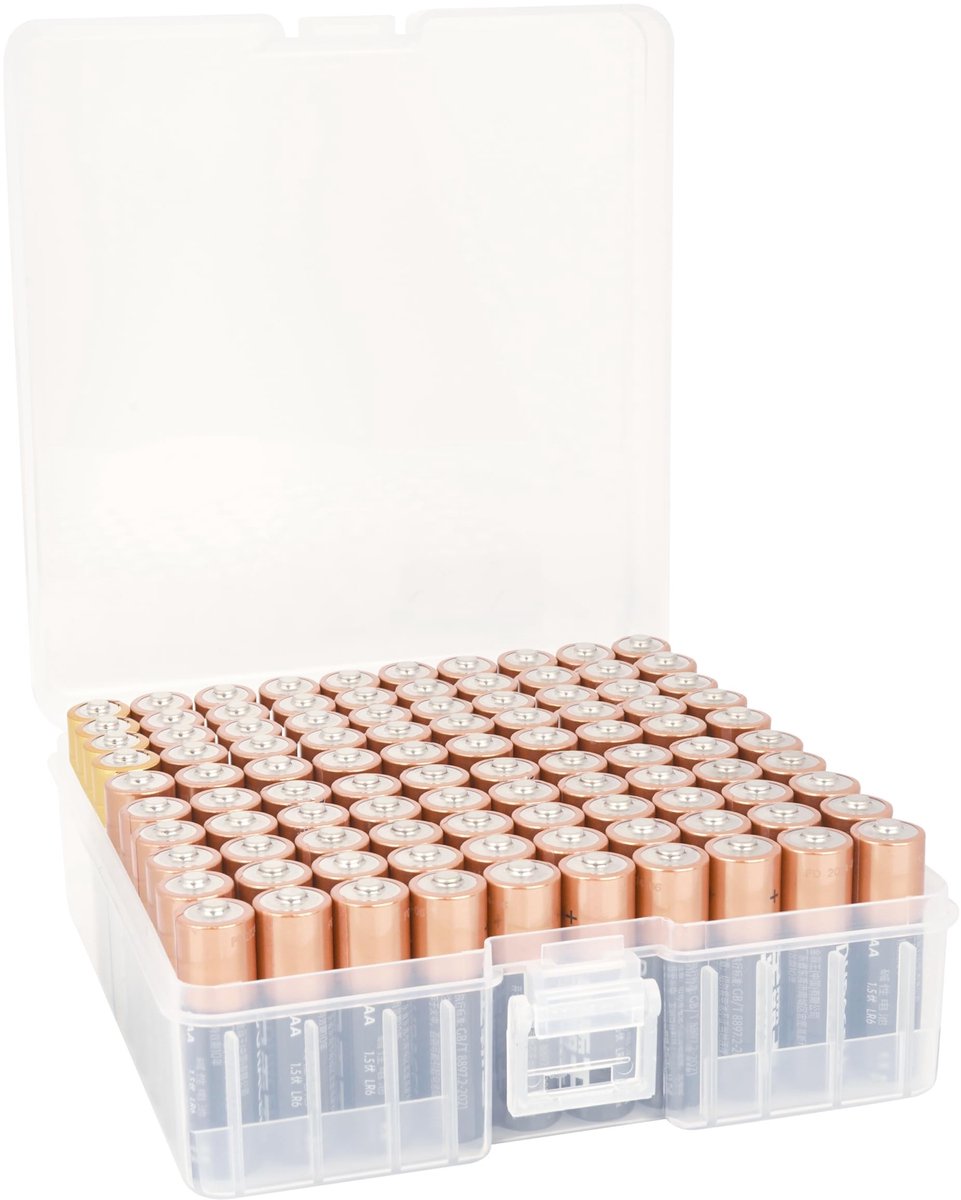 Dailygoods - Dailygoody - Opbergdoos voor 100 AA Batterijen - Draagbaar Batterijvak - Transparant Deksel - Grote Capaciteit - Organiseer Je Batterijen - Ideaal voo