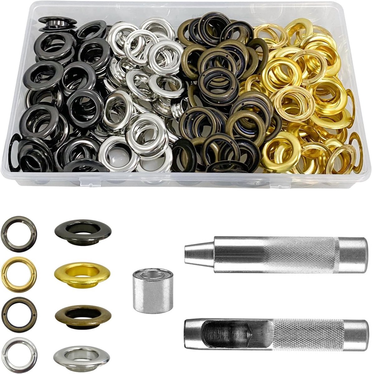 Complete Eyelet Tool Set met 14 mm Oogringen, Washers en Ringtang inclusief 120 Ooglets en Opbergdoos voor Creatieve Projecten