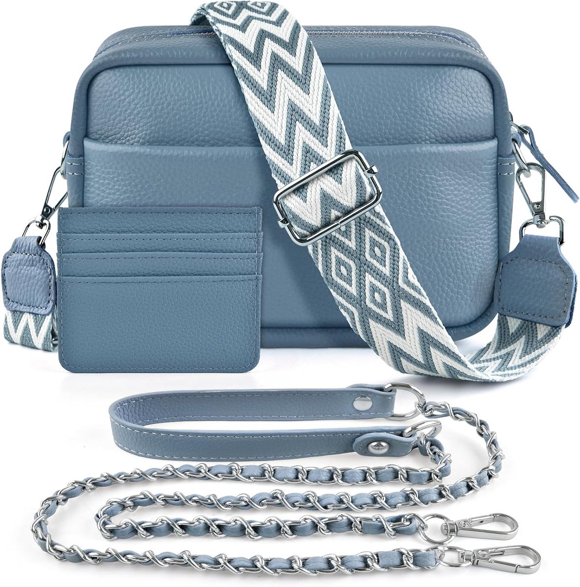 Genuine Leather Schoudertas voor Mobiele Telefoon, Crossbody Tas met 2 Brede Schouderbanden en Kaarthouder, Zwart Leer voor Vrouwen