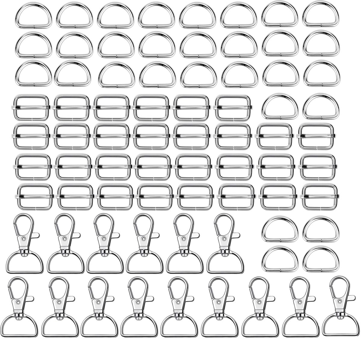 Dailygoods - Dailygoody - Sleutelhanger set - Draaibare karabijnhaken - 75 stuks - Zilver - D-ringen - Voor handtassen en naaiprojecten - Metaal