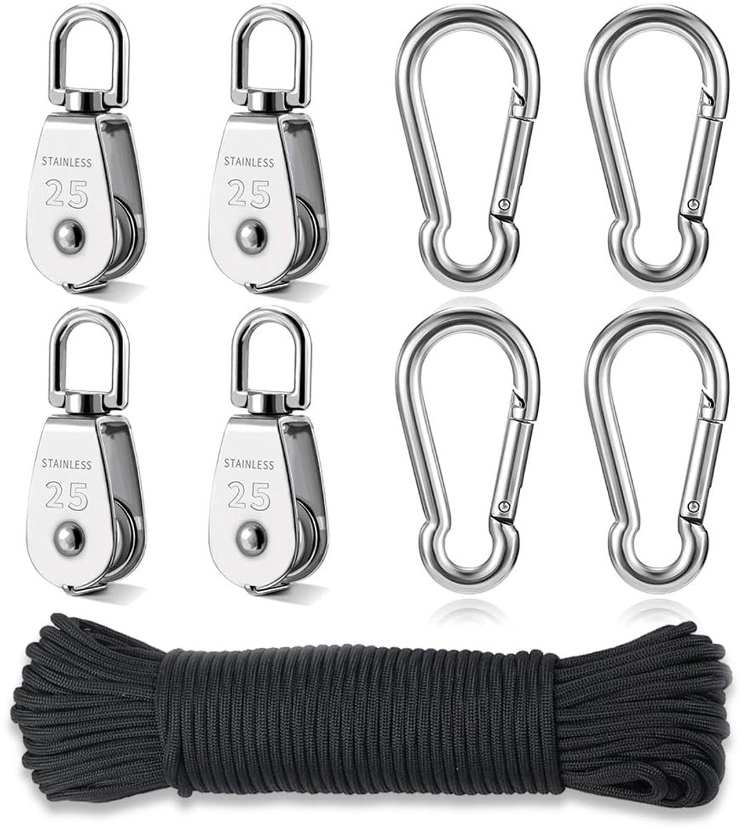 Dailygoods - Dailygoody - Roestvrijstalen katrol - Katrolset 4 stuks - Zilver M25 - Blokkabelrol - Geschikt voor touwen en schalen