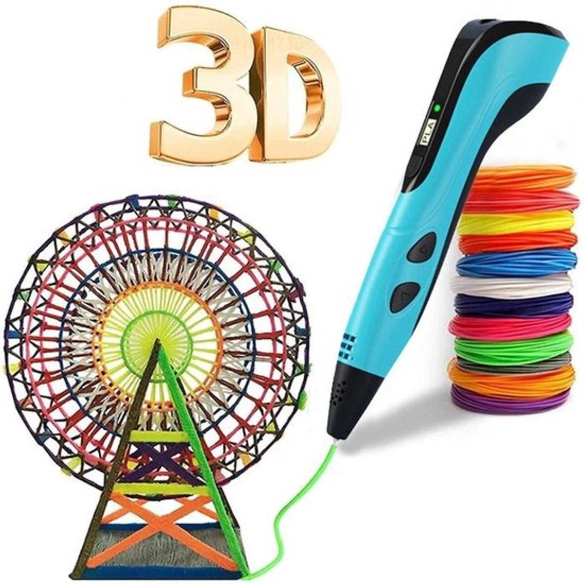 3D-printpen met 12 PCL-filamenten DIY-cadeau en tekening blauw