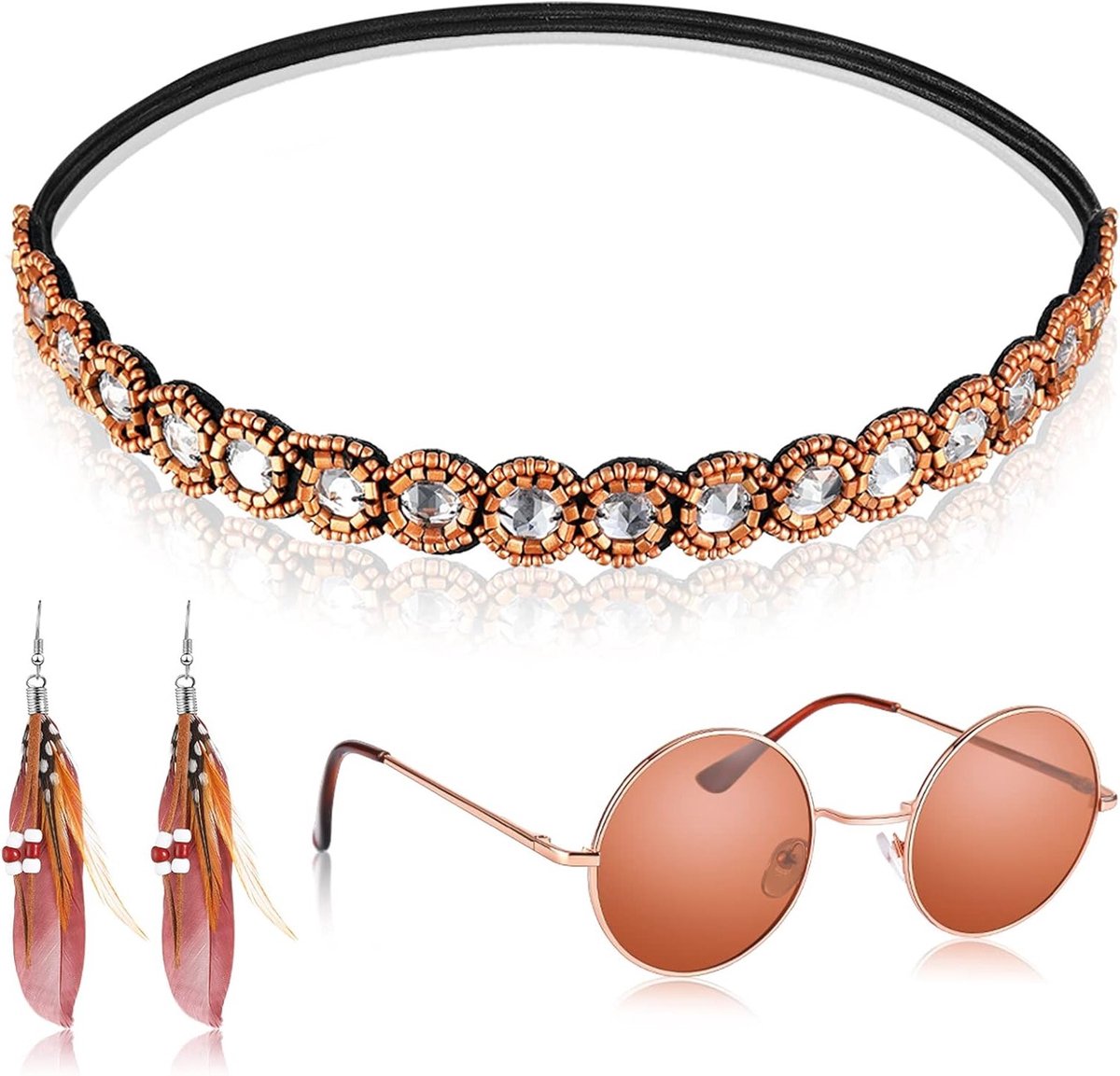 4-delige 70s Accessoires Set voor Vrouwen - Hippie Kostuum met Bril, Hoofdband en Oorbellen voor Bohemian Feestjes en Retro Thema's (Blauwe Stijl)