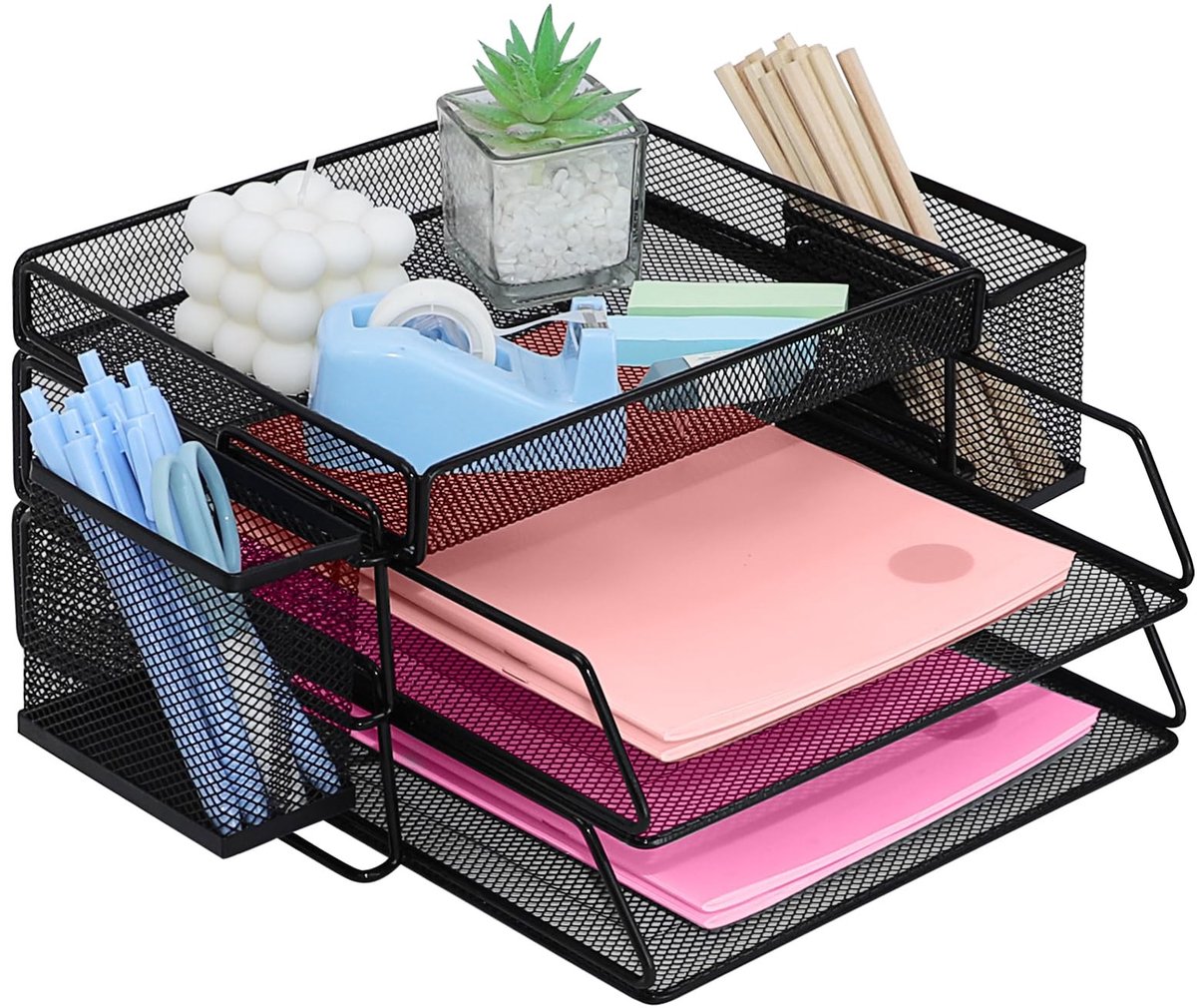 Dailygoody - Brievenbakken stapelbaar - Bureauorganizer - 2-laags met pennenhouder - Zwart - Kantooraccessoires - Geschikt voor kantoor en school