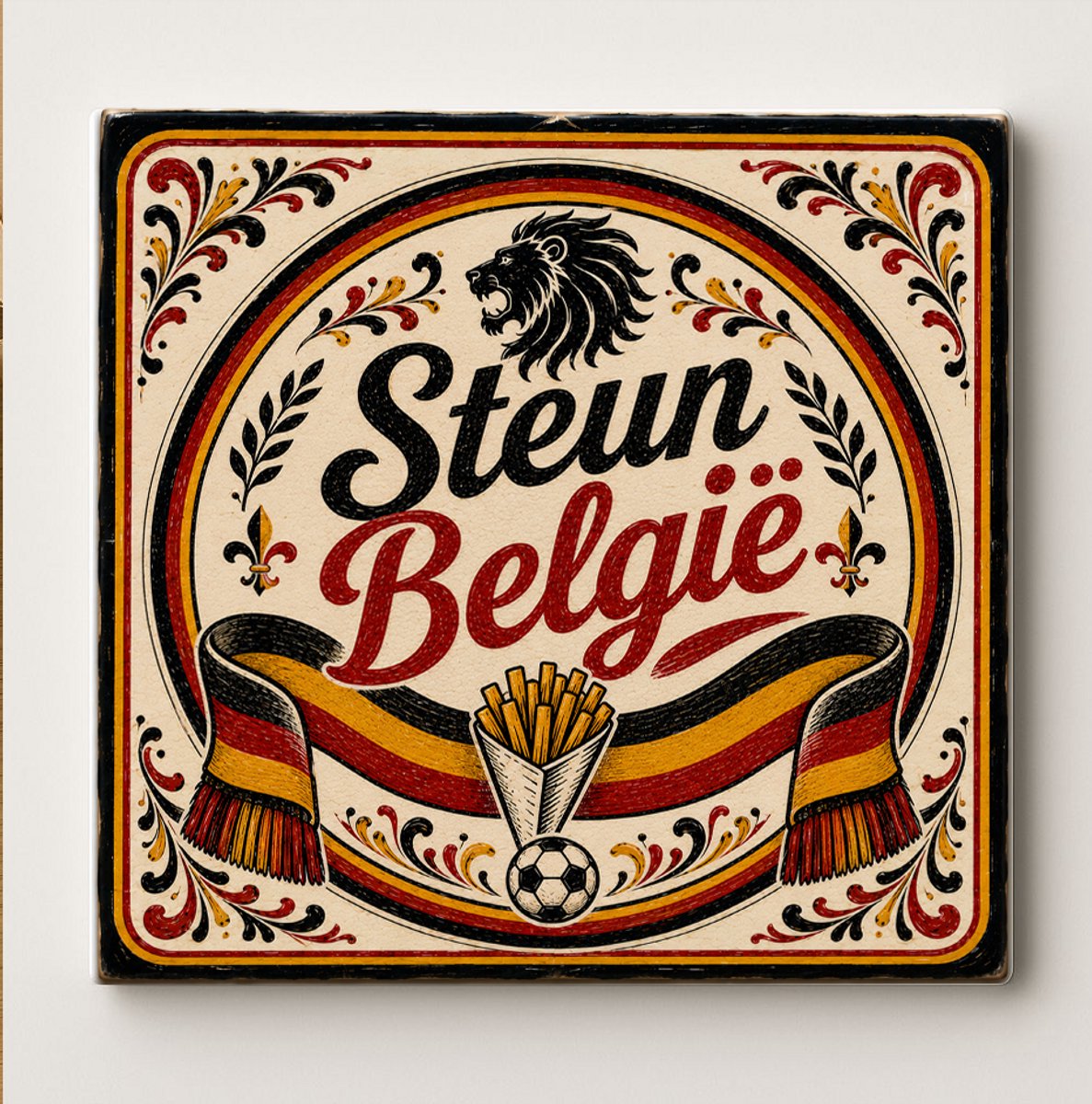 Bedruk King Steun België Decoratieve Keramische Tegel – Belgische Leeuw Sjaal en Frietjes Voetbal Design – Zwart Geel Rood Voetbal Wanddecoratie Tegel – Vaderlands Woondecoratie Cadeau Wit