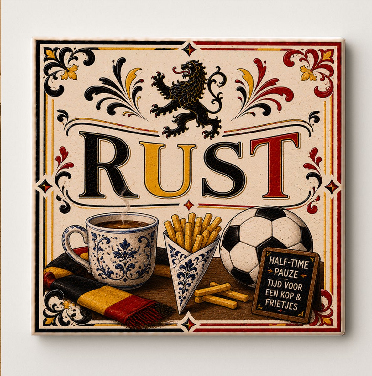 België Rust Decoratieve Keramische Tegel – Belgische Leeuw Voetbal Frietjes en Koffie Design – Zwart Geel Rood Voetbal Wanddecoratie Tegel – Vaderlands Woondecoratie Cadeau